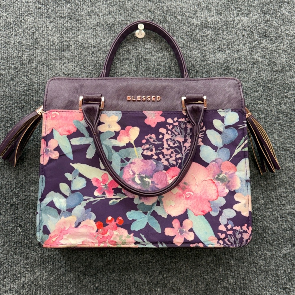 Blessed Bible Cover Case Purse Women's OS Purple Floral Watercolor Tassel Tote - Picture 3 of 9
